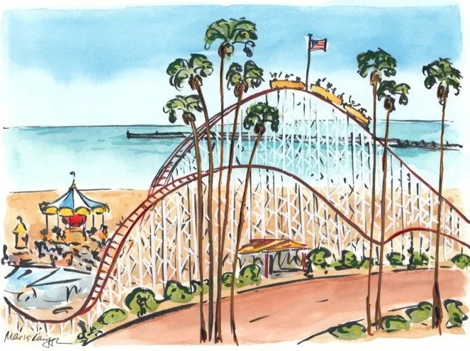 Colorful illustration of a roller coaster at an amusement park by the water, surrounded by palm trees, with an American flag on top.