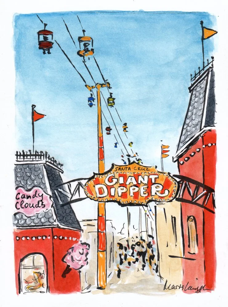 Colorful illustration of a fairground scene with rides, a roller coaster, and a sign for 'Giant Dipper' at Santa Cruz, including candy clouds decorations, and a bright sky.