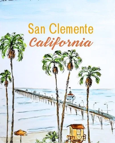 Illustration of a seaside scene in San Clemente, California with tall palm trees, a pier extending into the ocean, and a boat on the water.