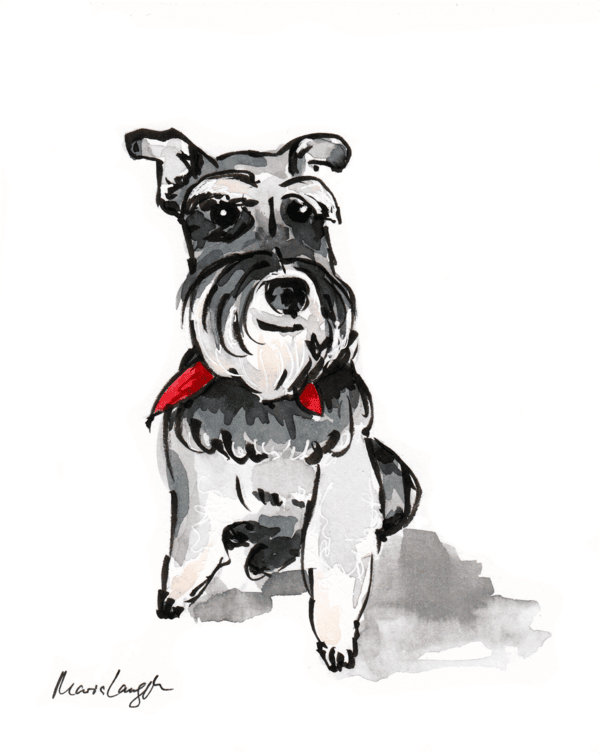 Illustration of a black and white dog with a red bandana around its neck, sitting and looking forward.