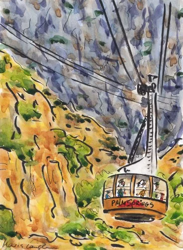 Watercolor painting of a cable car labeled 'Palm Springs' traveling through mountainous terrain with lush greenery and rocky cliffs.