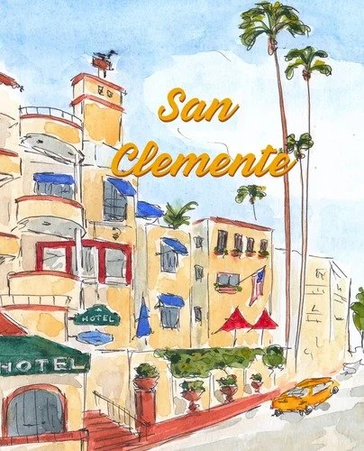 Watercolor illustration of a street scene in San Clemente featuring colorful buildings, tall palm trees, a yellow car, and a hotel sign.