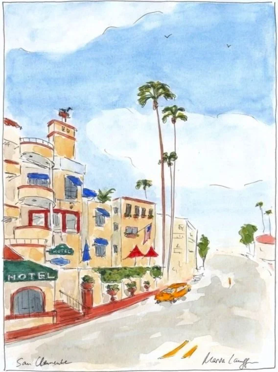A watercolor painting of a sunny street in San Clemente featuring colorful buildings, a hotel sign, tall palm trees, a car, and a blue sky with a few clouds and birds.