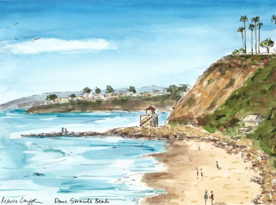 Watercolor painting of Down Shores Beach with cliffs, a lighthouse, and palm trees, with a few people on the sandy shore.