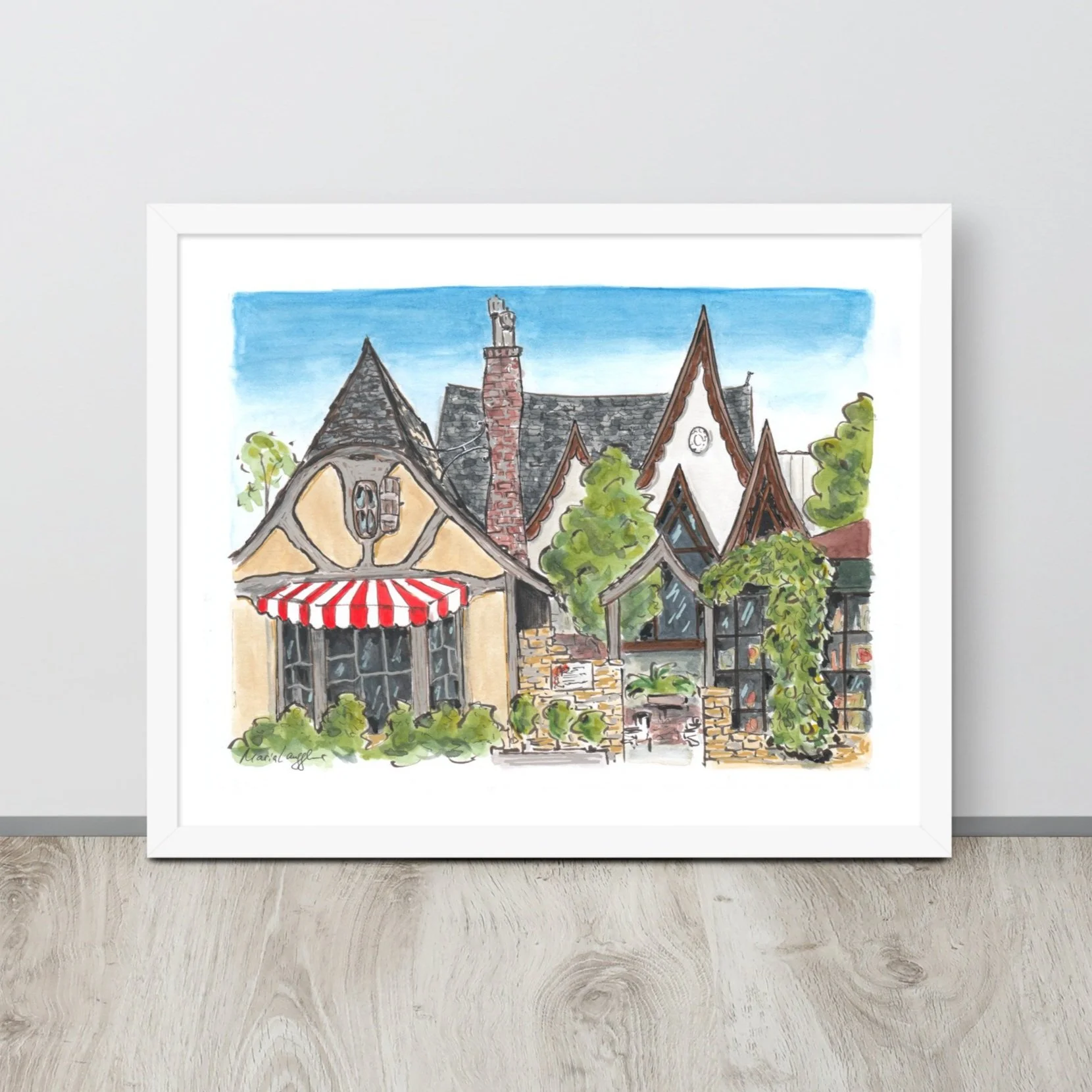 Watercolor painting of a eclectic house with various roof styles, a red and white striped awning, and lush green trees in front, set against a blue sky.