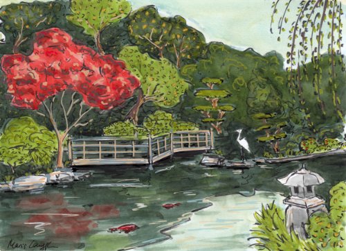 A serene pond scene with a wooden bridge, lush green trees, and a lantern near the water, in a watercolor style.
