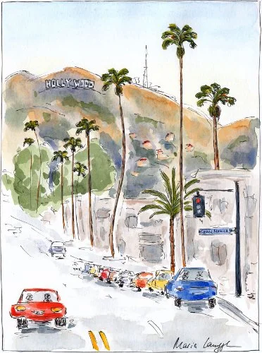 Watercolor painting of Hollywood sign on a hillside with palm trees and a street scene with colorful cars.