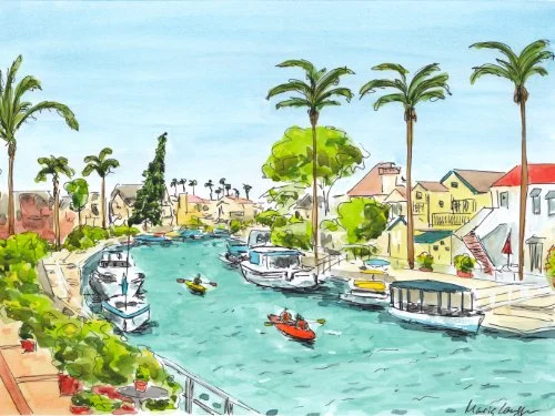 A watercolor painting of a coastal scene with boats on a canal lined with colorful houses and tall palm trees