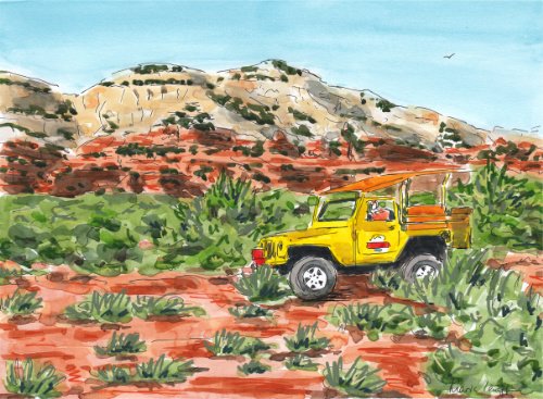 Watercolor painting of a bright yellow pickup truck in a desert landscape with red soil, green bushes, and rocky hills in the background under a blue sky.