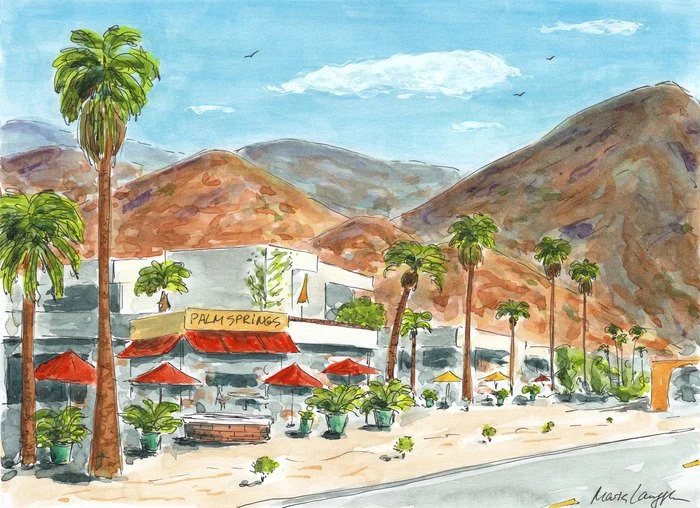 A watercolor painting of a sunny street scene with palm trees, mountains in the background, and a building labeled Palm Springs; there are red umbrellas, potted plants, and a clear blue sky with a few clouds.