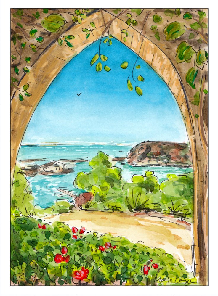 A watercolor painting of a scenic view through an archway showing a coastal landscape with water, rocks, and greenery, with red flowers in the foreground.