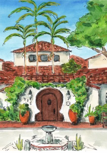 A watercolor painting of a Mediterranean-style house with a red-tiled roof, surrounded by lush green trees. The house has tall palm trees near the entrance, a large arched wooden door with decorative lanterns on either side, and potted plants. A fountain is in the foreground.