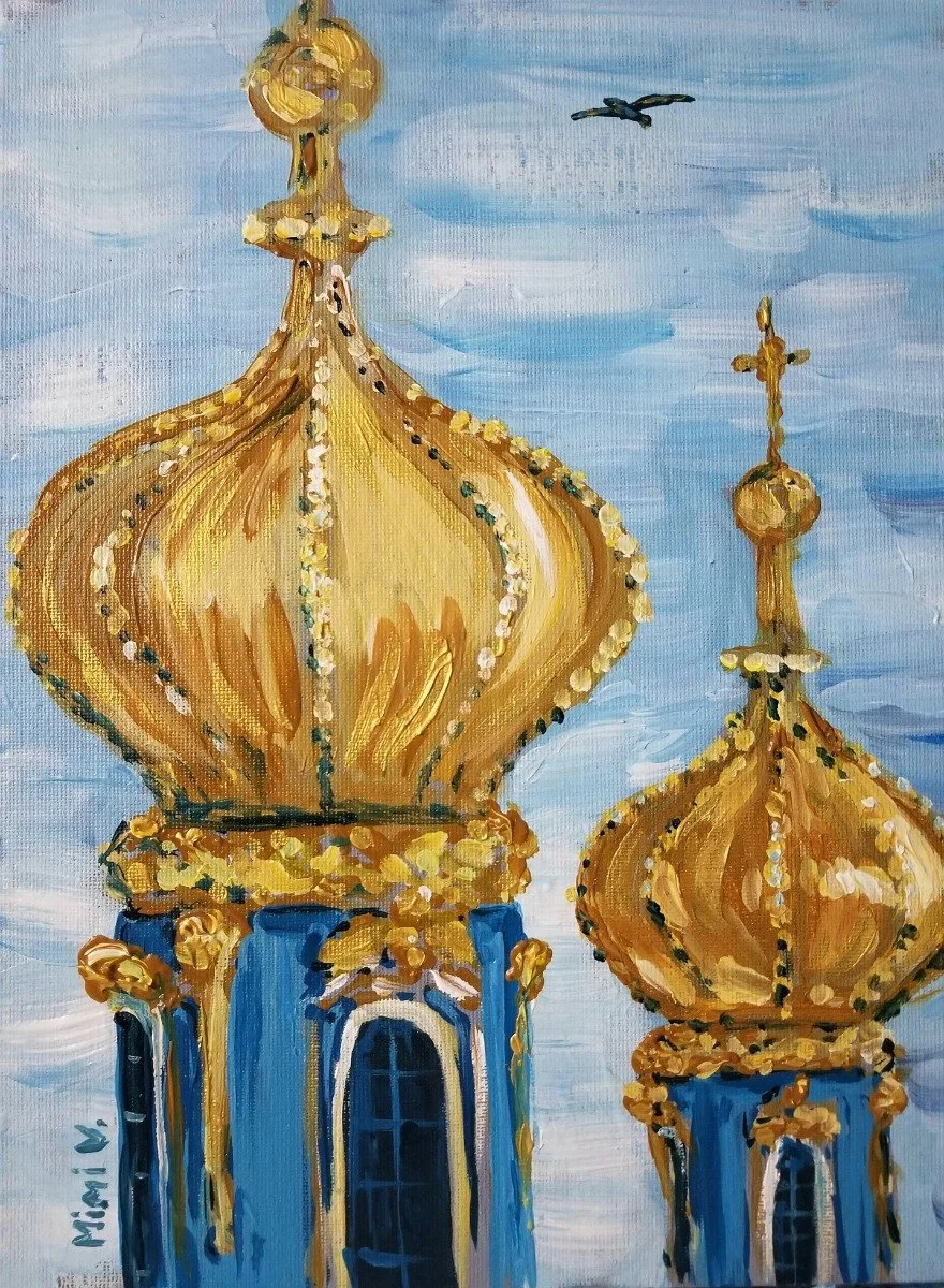 Painting of two blue towers with golden onion domes topped with crosses, set against a blue sky with clouds and a black bird flying.
