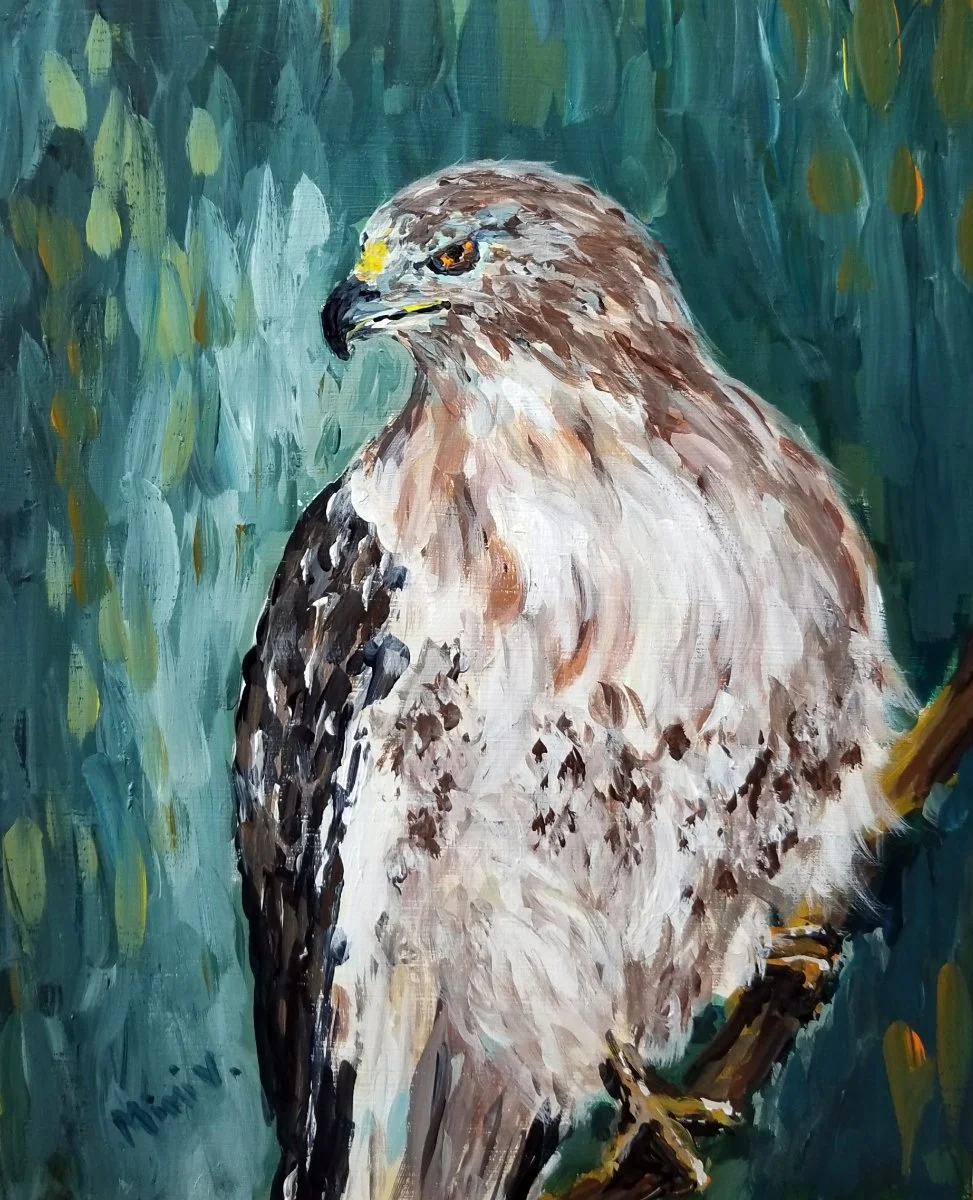 A detailed painting of a hawk perched on a branch, with a background of green foliage.