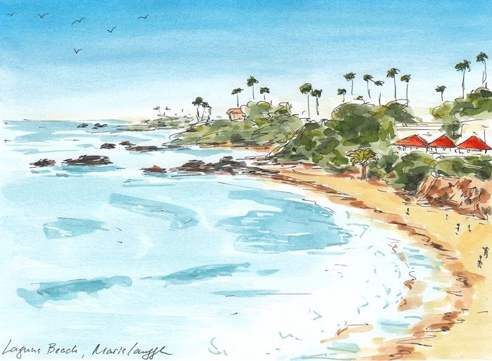 Watercolor painting of Laguna Beach coastline with sandy beach, rocks, green trees, and a few buildings with red roofs under a blue sky with birds.