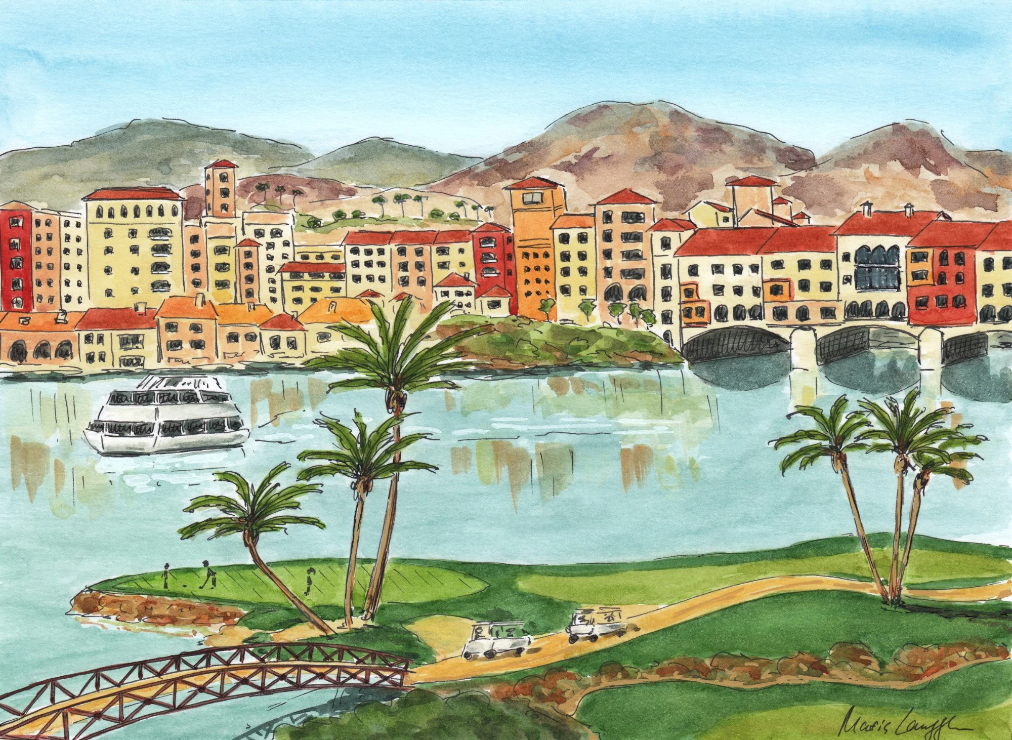 Waterfront cityscape with colorful buildings, bridges, boats, palm trees, surrounding hills, and mountains in the background.