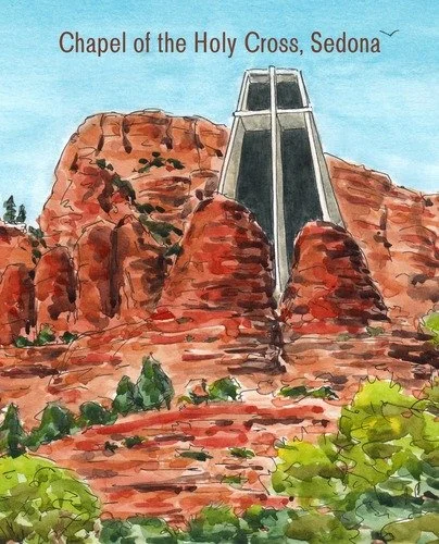 Watercolor illustration of the Chapel of the Holy Cross in Sedona, surrounded by red rock formations and green foliage under a blue sky with a bird in flight.