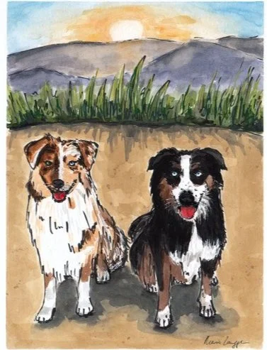 A watercolor painting of two dogs sitting outdoors with mountains, grass, and a sunrise in the background.