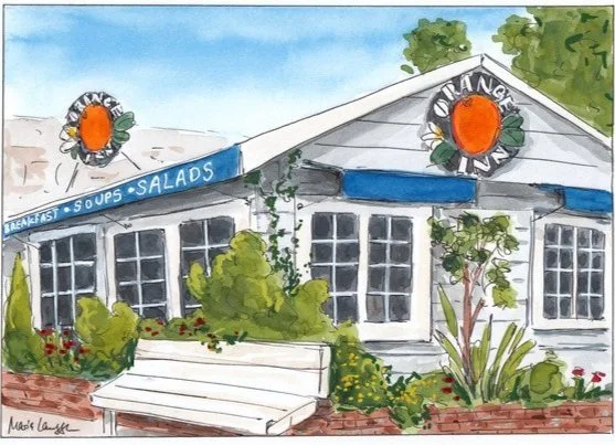 Watercolor painting of a cafe with signs reading 'Breakfast, Soups, Salads' and outdoor greenery.