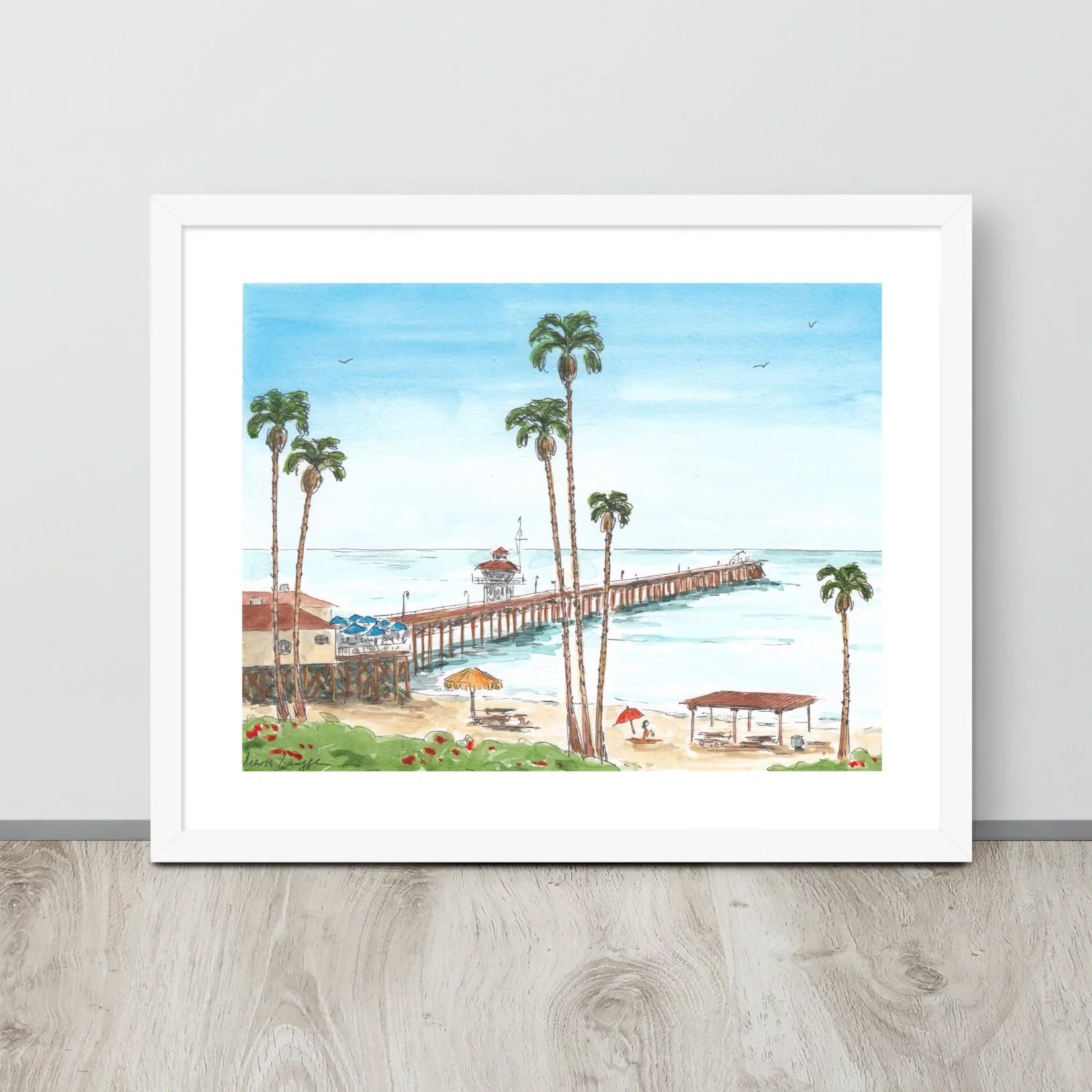 A watercolor painting of a beach scene with palm trees, a pier extending into the ocean, beach umbrellas, and a grassy area with flowers.