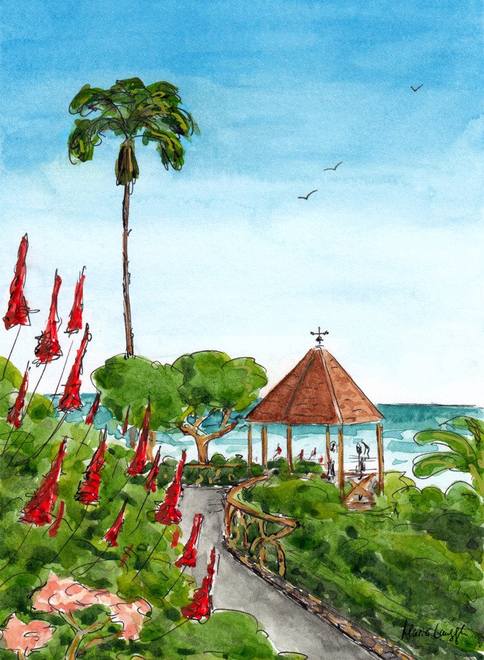 Watercolor painting of a seaside park with a gazebo, a palm tree, colorful flowers, and ocean in the background.
