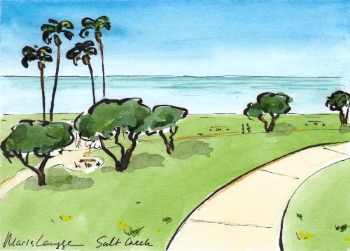 Painted landscape of a coastal park with trees, a paved path, and the ocean in the background.