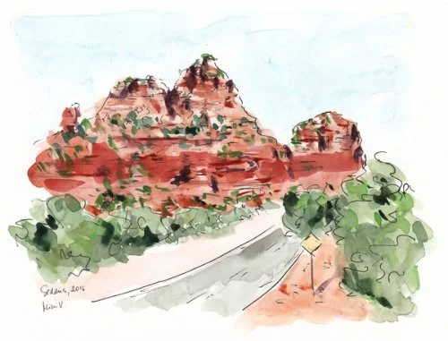 Watercolor painting of red rock formations with green shrubbery and a dirt road in the foreground.
