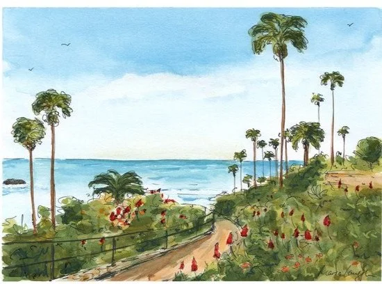 A watercolor painting of a tropical coastal scene with tall palm trees, a winding path, and a view of the ocean under a partly cloudy sky.
