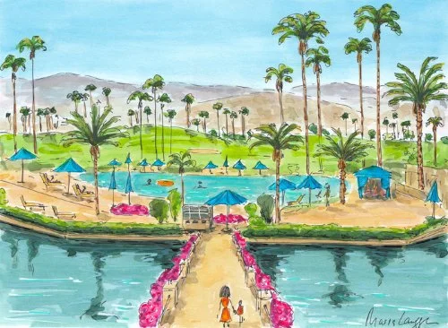 A watercolor illustration of a resort pool area with palm trees, blue umbrellas, and lounge chairs, viewed from a dock with pink flowers along the walkway.