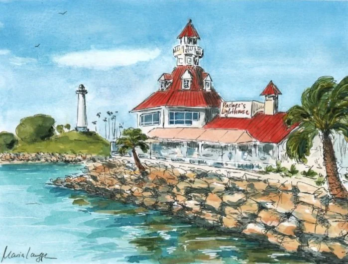 Waterfront lighthouse with a red-roofed building labeled "Parler's Lighthouse," surrounded by palm trees, rocks, and water under a partly cloudy sky.