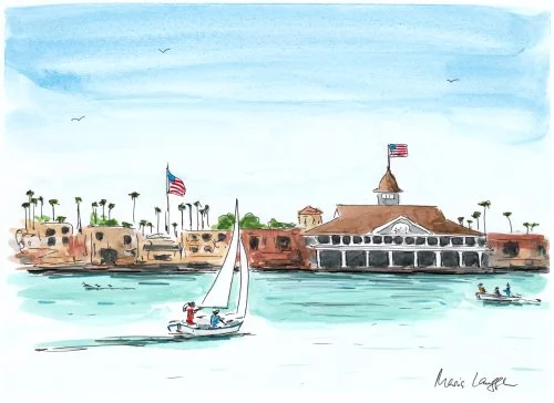 Waterfront scene with boats, buildings, and American flags, under a partly cloudy sky.