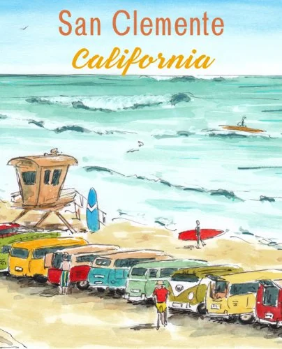 Illustration of a beach scene in San Clemente, California, featuring surfboards, colorful vans, and beachgoers near the ocean.