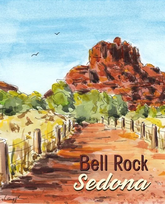 Watercolor painting of a dirt trail leading to Bell Rock in Sedona, Arizona, with a rocky formation in the background, green shrubs on sides, and a blue sky with two birds.