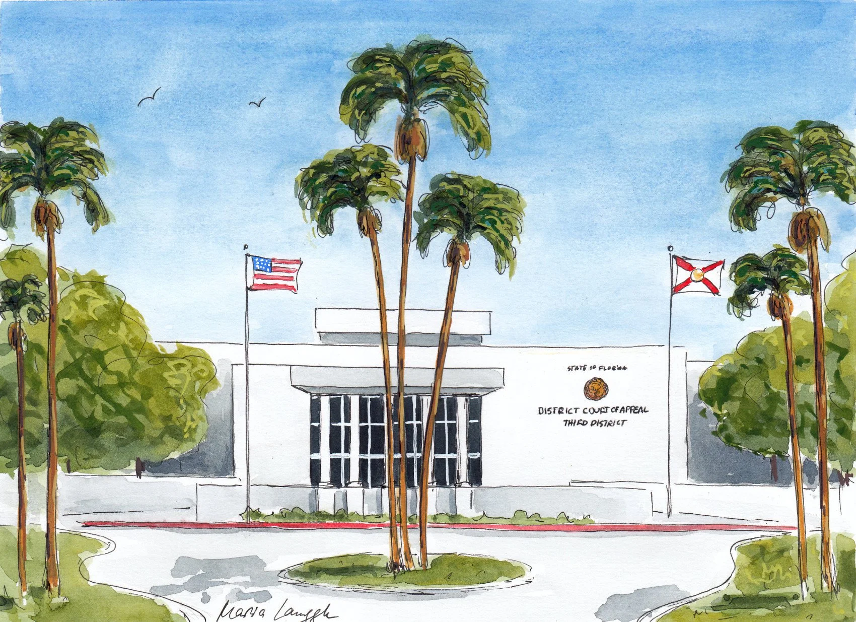 Watercolor illustration of the District Court of Appeal building in Florida with two flags, American and Florida, surrounded by palm trees and bushes under a blue sky.