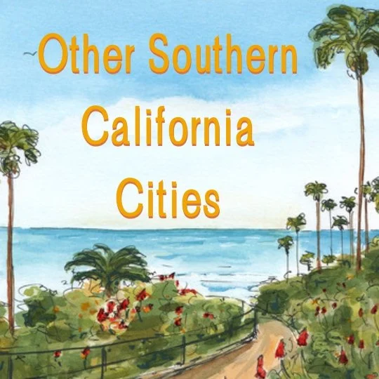 Illustration of a coastal scene with palm trees, bushes, and flowers, with the text 'Other Southern California Cities' in orange font