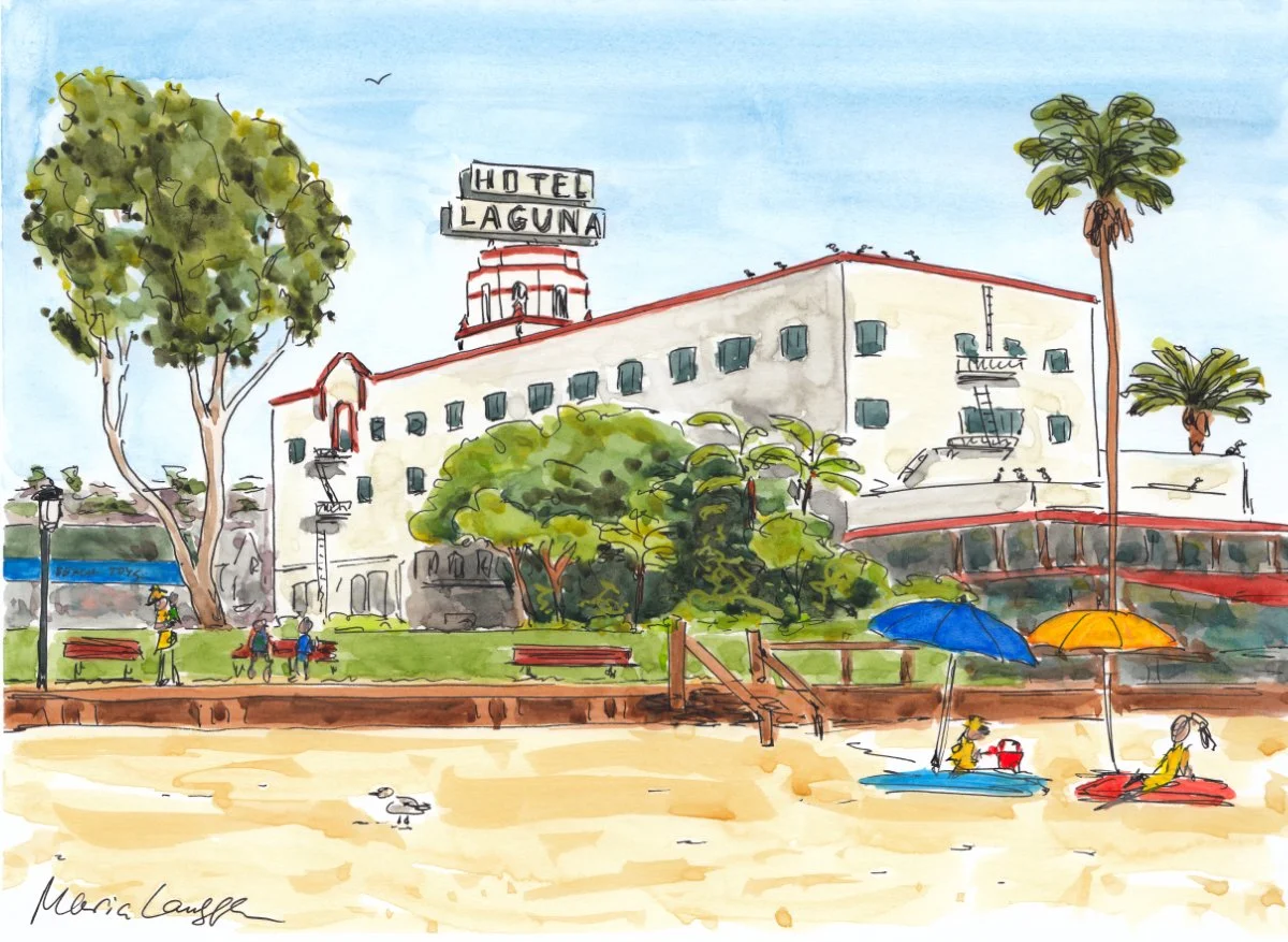 Watercolor painting of Hotel Laguna overlooking a beach with umbrellas, kayaks, palm trees, green bushes, and people relaxing and walking.
