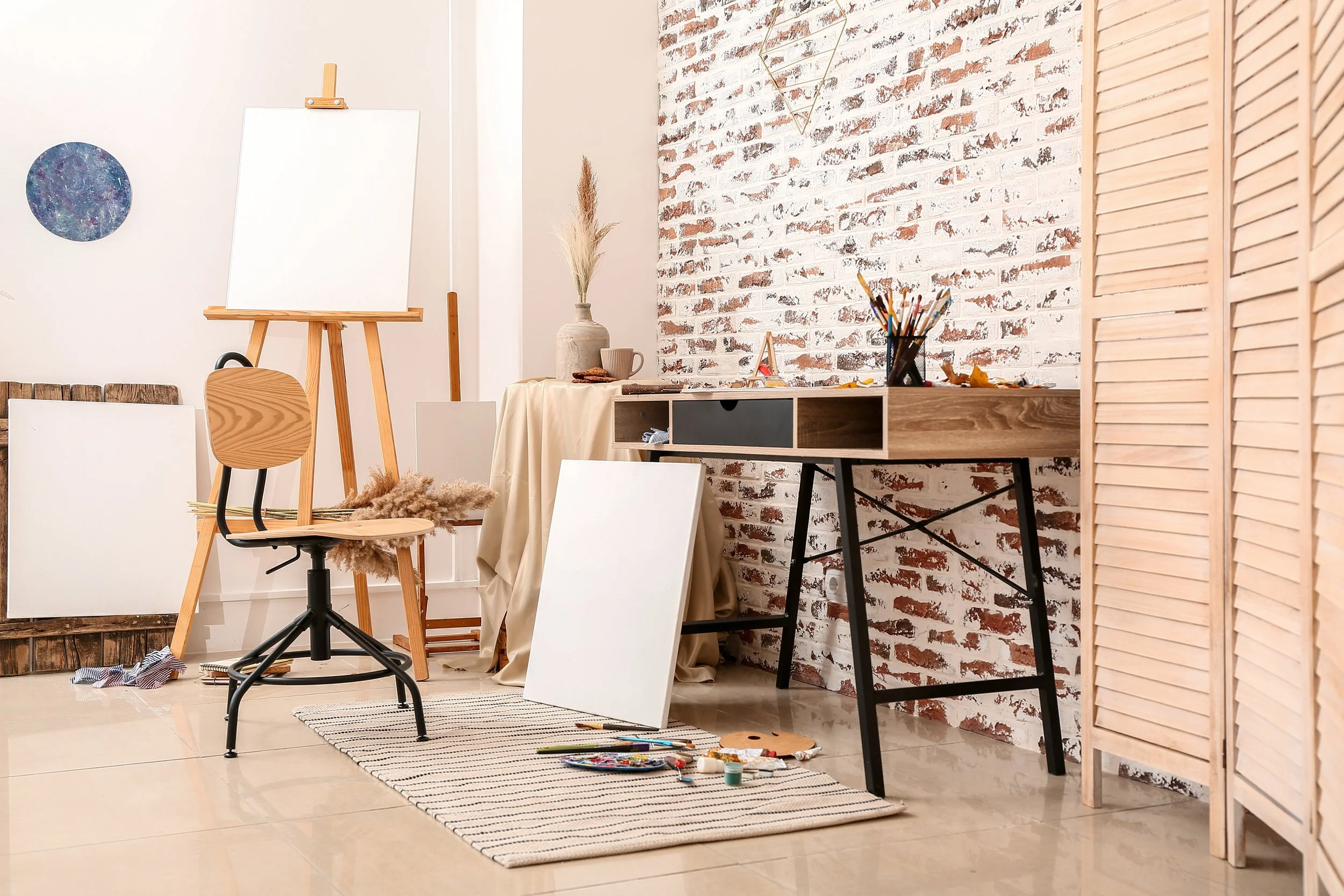 Art studio with easel, canvas, artist's workspace, art supplies, and a brick wall.