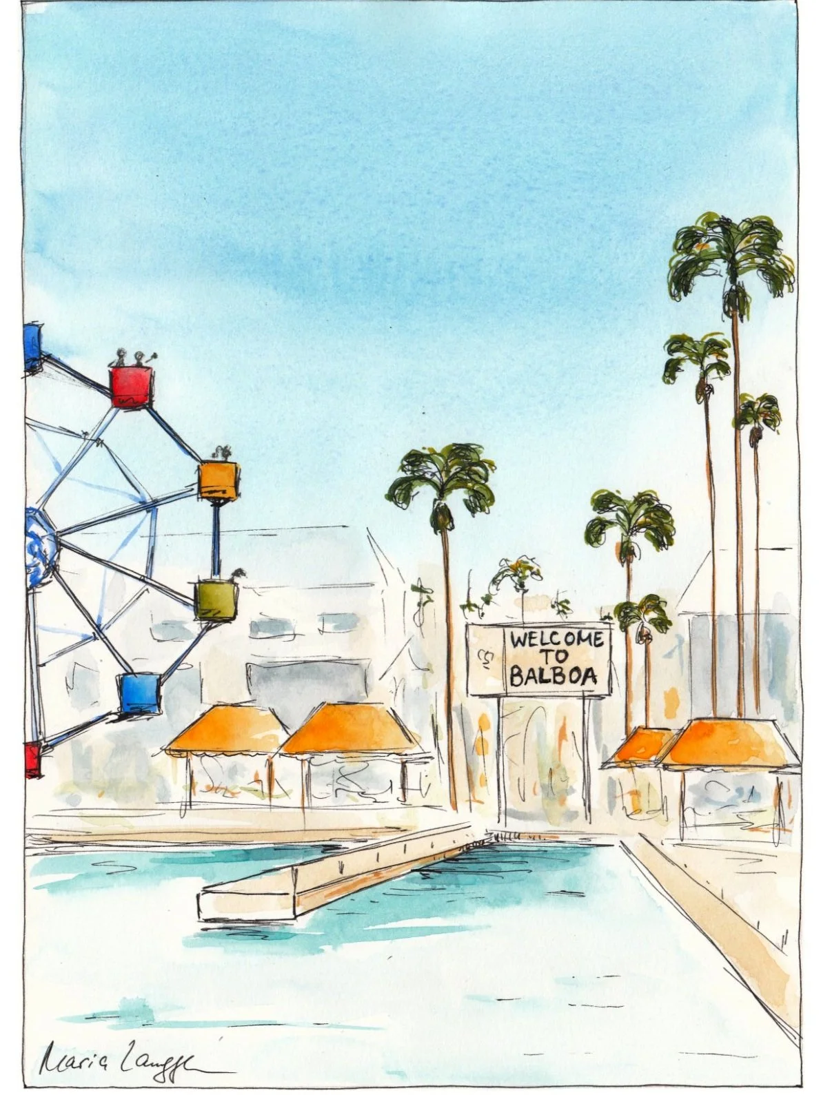 A watercolor illustration of Balboa, featuring a Ferris wheel with colorful cabins, a swimming pool with orange umbrellas, tall palm trees, and a sign that reads 'Welcome to Balboa' under a blue sky.