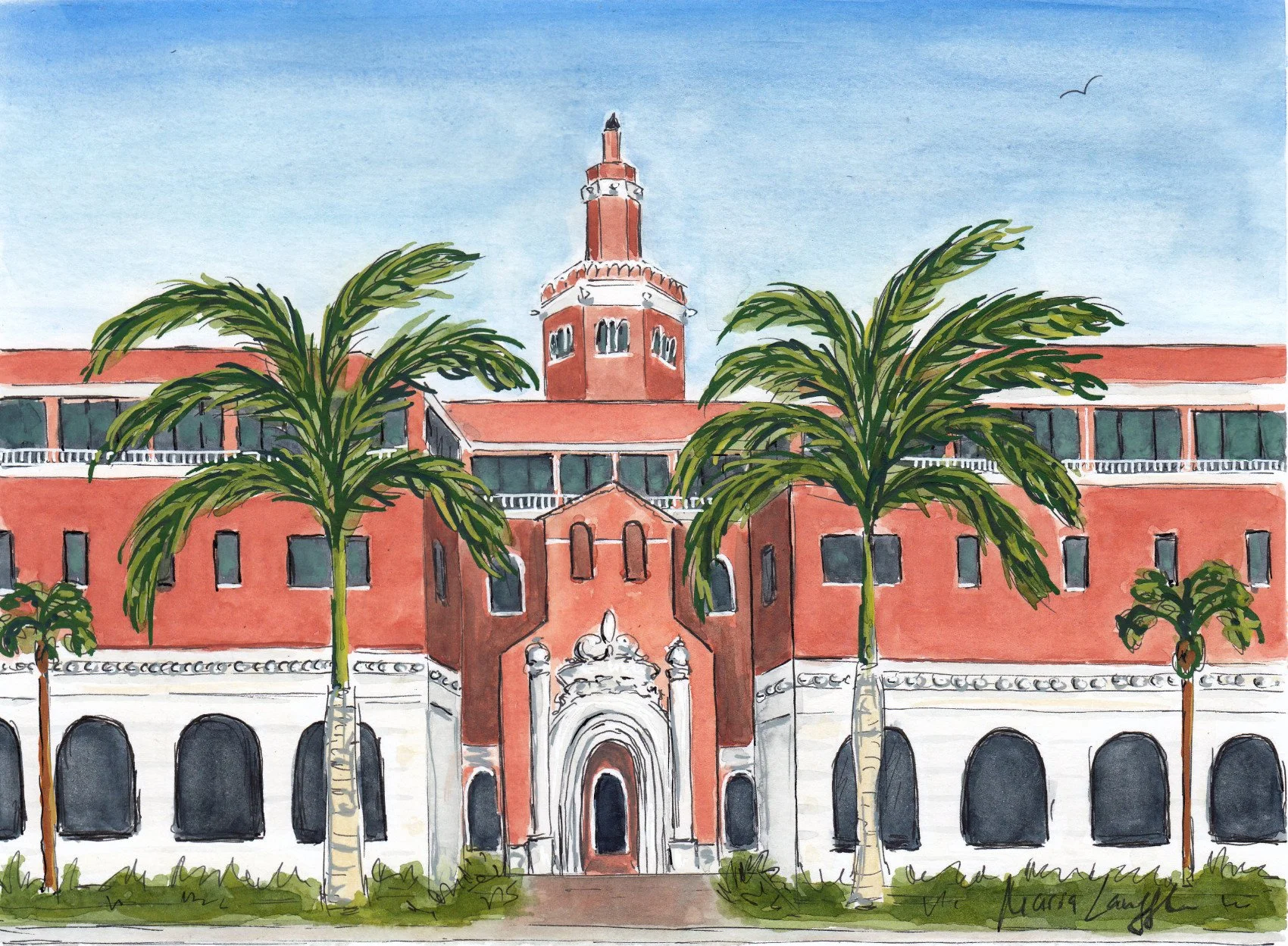 A watercolor painting of a historic brick building with a tower, arched entrance, and palm trees in front, set against a blue sky with a bird flying.