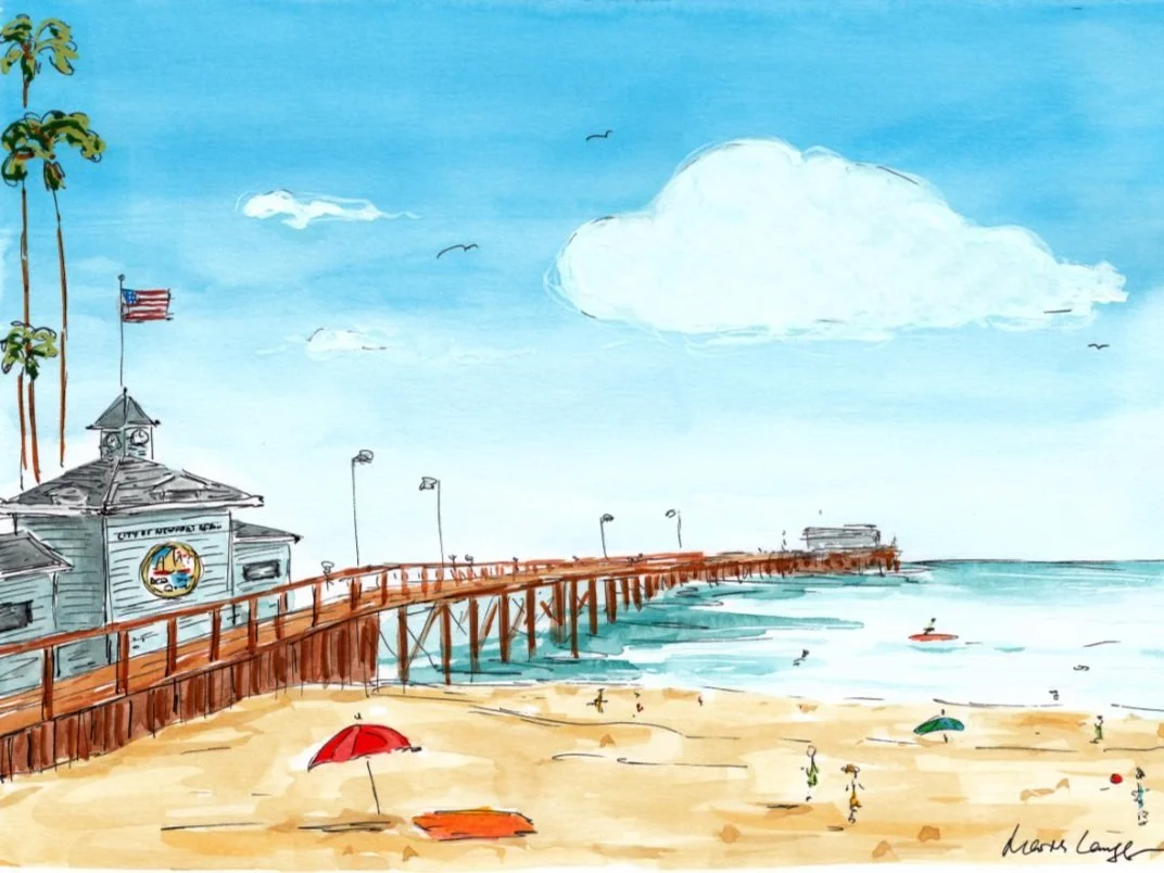 A watercolor illustration of a beach with a wooden pier extending into the ocean. There are a few umbrellas and people on the sandy shore, a building with an American flag, and a cloudy sky with seagulls.