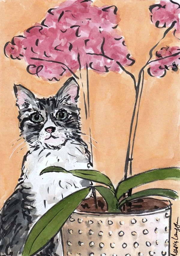 A watercolor illustration of a kitten next to a potted plant with pink blossoms in the background.