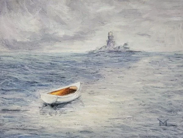 A painting of a small white boat with a brown interior floating on the water near a lighthouse in the distance under a cloudy sky.
