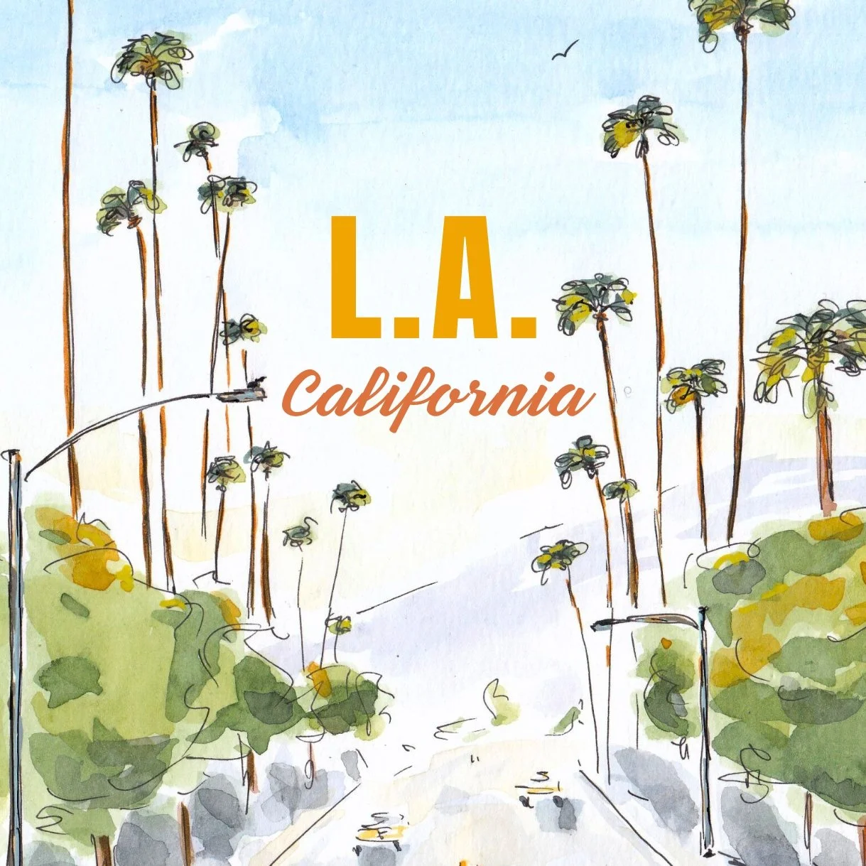 Illustration of a city street with palm trees and streetlights, featuring text that reads 'L.A. California'.