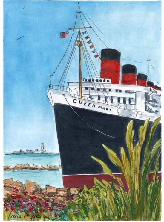 Painting of the RMS Queen Mary cruise ship docked at a port, with plants and flowers in the foreground, and a clear blue sky in the background.