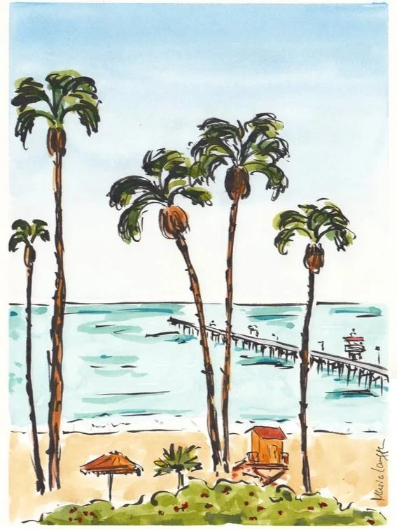 Illustration of a beach scene with five tall palm trees, sandy shore, small huts, and a pier extending into the ocean, with gentle waves and a clear sky.