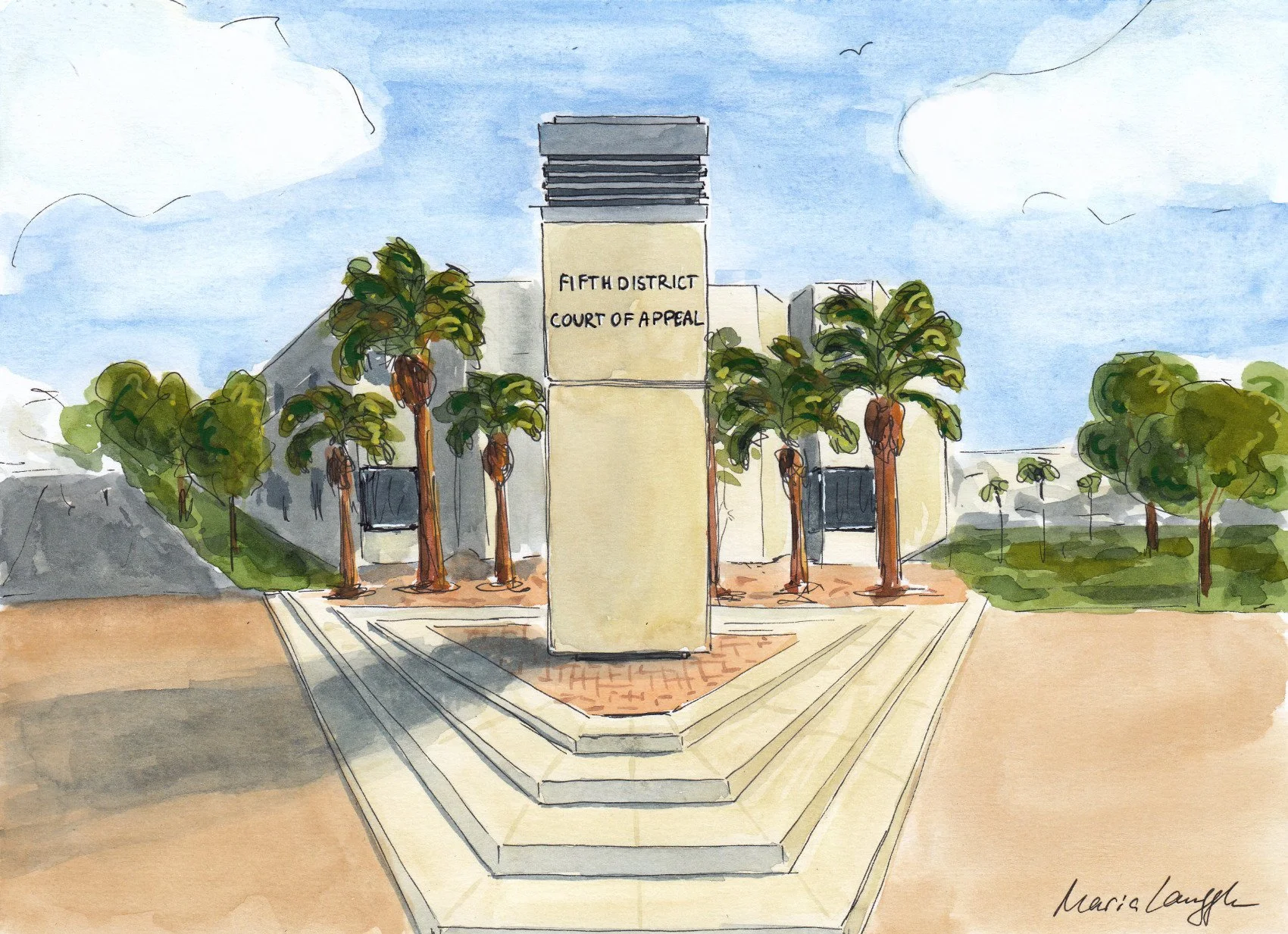 A watercolor painting of the Fifth District Court of Appeal building with palm trees in front and a staircase leading up to it.