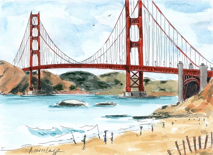 A watercolor painting of the Golden Gate Bridge in San Francisco, with people on the beach and boats in the water, hills in the background, and a clear sky.