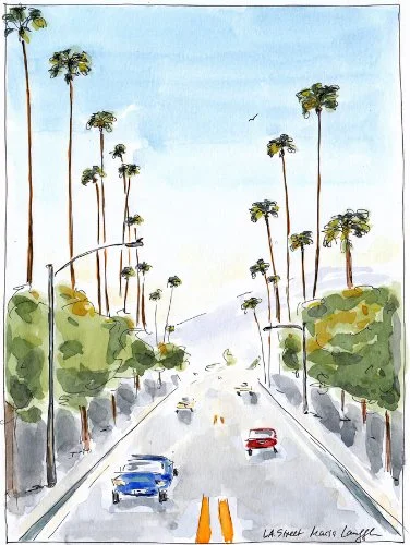 Watercolor painting of a street scene with tall palm trees, cars, and green bushes on both sides, under a blue sky.