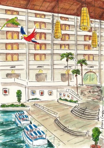 Waterfront scene with boats docked, a modern building with large windows and tall yellow pendant lights, palm trees, and a staircase leading to the water.