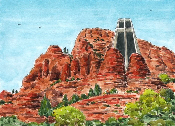 Watercolor painting of red rock formations with a large modern building or observation tower atop the rocks, trees at the base, and a blue sky with a few clouds and birds.